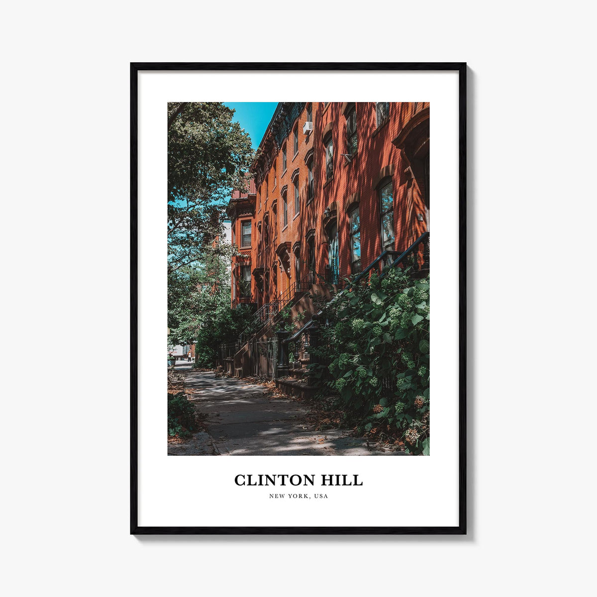 Clinton Hill colorful classic poster of New York, USA – vertical wall art, unframed print shown in interior mockup