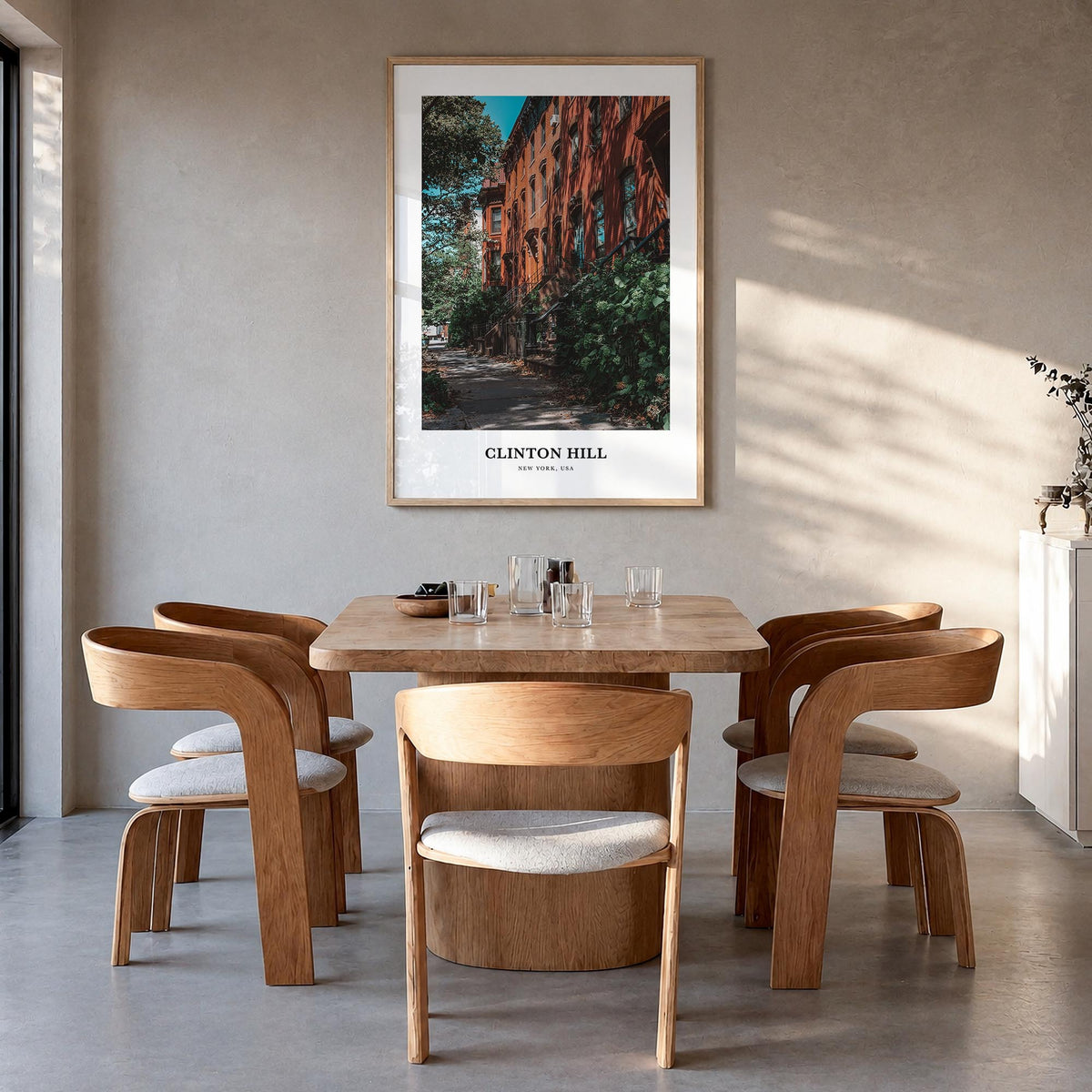 Clinton Hill colorful classic poster of New York, USA – vertical wall art in natural wood frame, hanging on wall