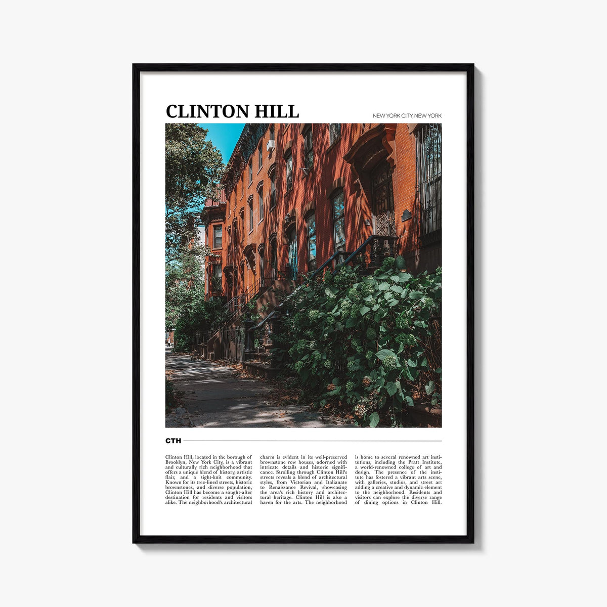 Clinton Hill colorful travel poster of New York, USA – vertical wall art, unframed print shown in interior mockup