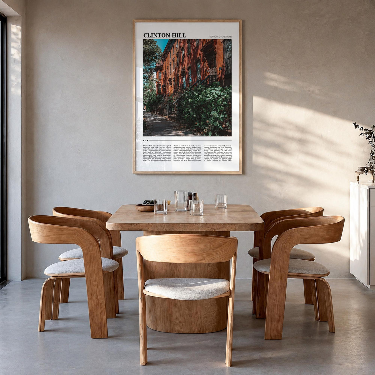 Clinton Hill colorful travel poster of New York, USA – vertical wall art in natural wood frame, hanging on wall