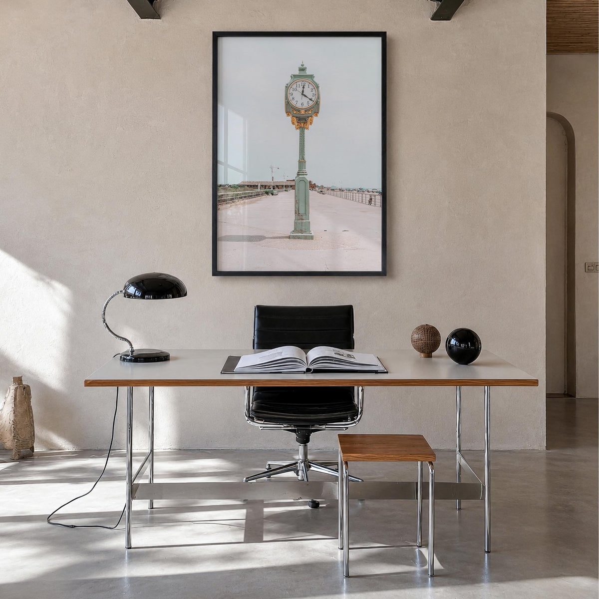 Clock no. 2 colorful photo poster – vertical wall art in black wood frame, hanging on wall