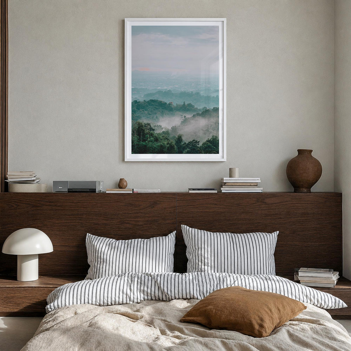 Cloudy Forest colorful photo poster – vertical wall art in white wood frame with white border, hanging on wall