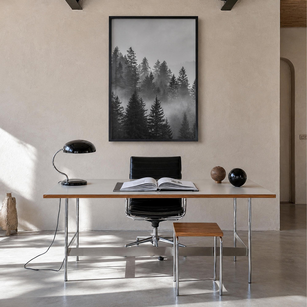 Cloudy Forest no. 2 black & white photo poster – vertical wall art in black wood frame, hanging on wall