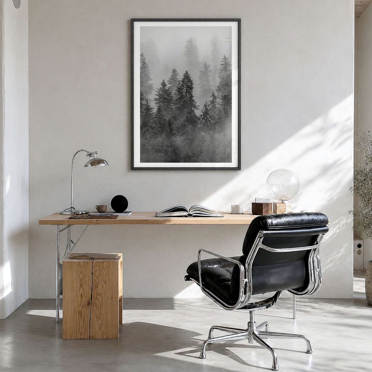 Cloudy Forest Photo No 1 Poster in a black wood frame, hanging in a bright home office, white border