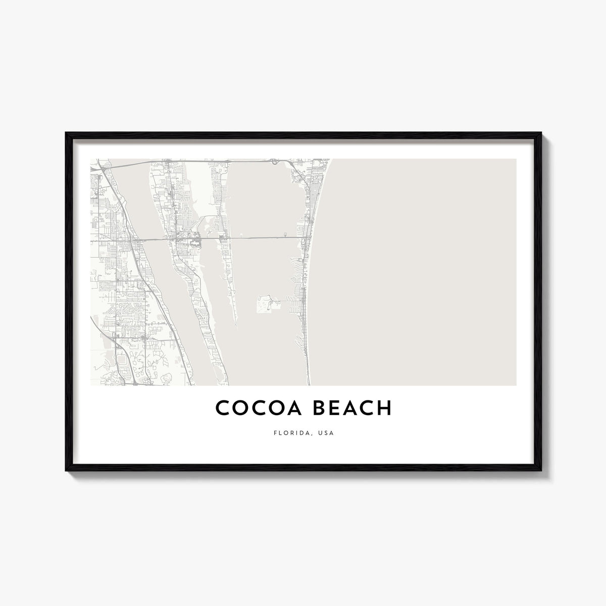 Cocoa Beach black & white map poster of Florida, USA – horizontal wall art, unframed print shown in interior mockup