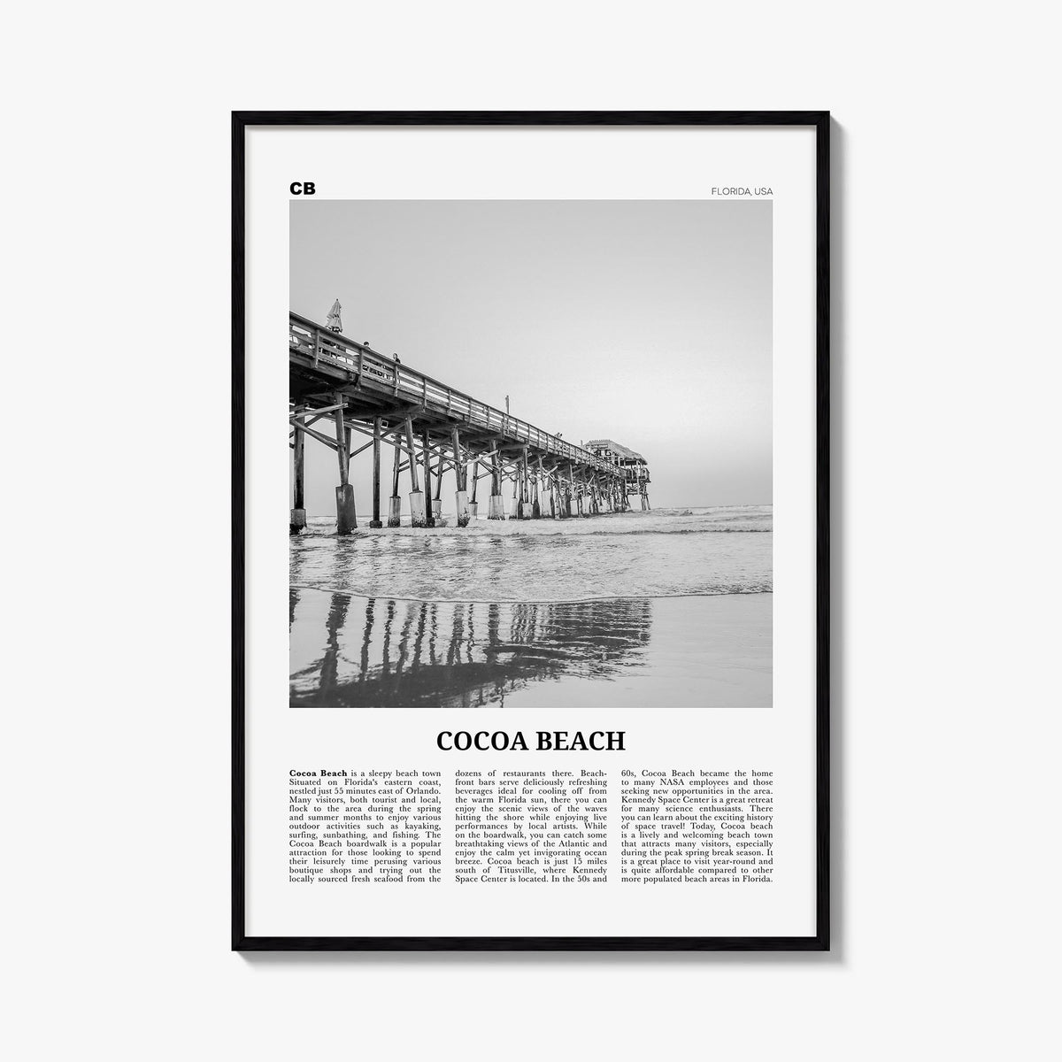 Cocoa Beach black & white newspaper poster of Florida, USA – vertical wall art, unframed print shown in interior mockup