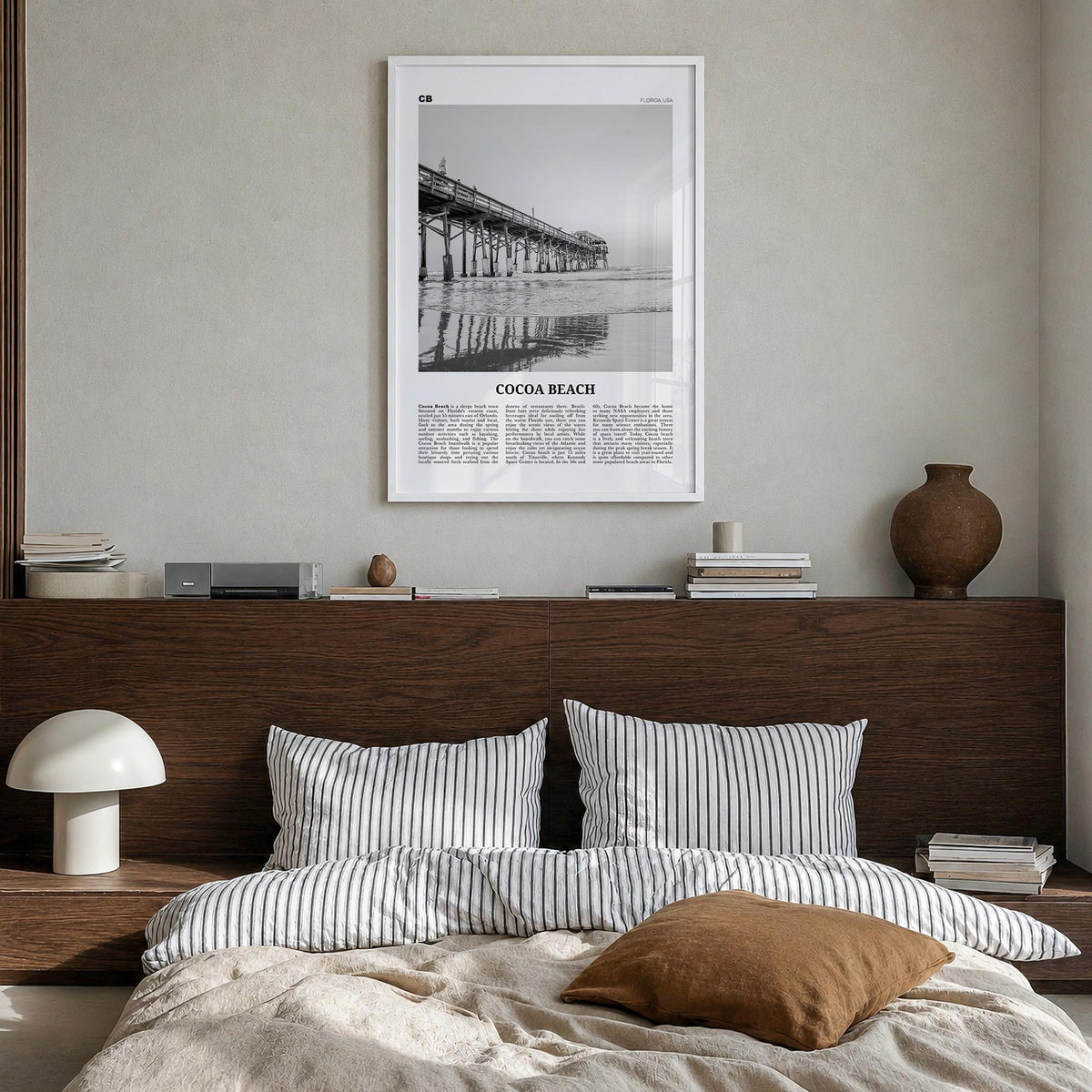 Cocoa Beach black & white newspaper poster of Florida, USA – vertical wall art in white wood frame, hanging on wall