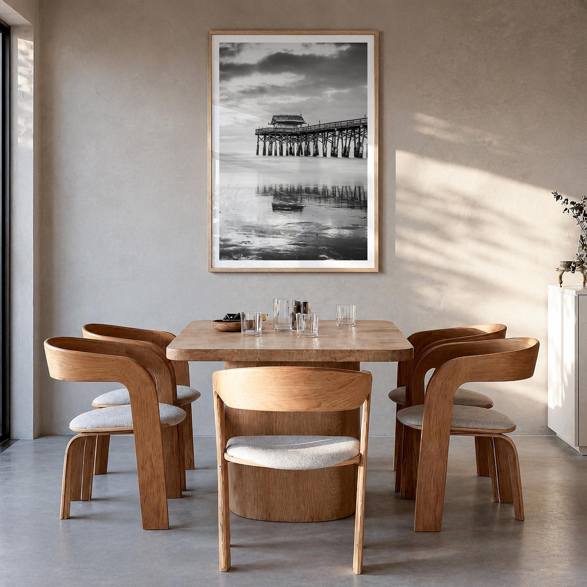 Cocoa Beach black & white photo poster of Florida, USA – vertical wall art in natural wood frame with white border, hanging o