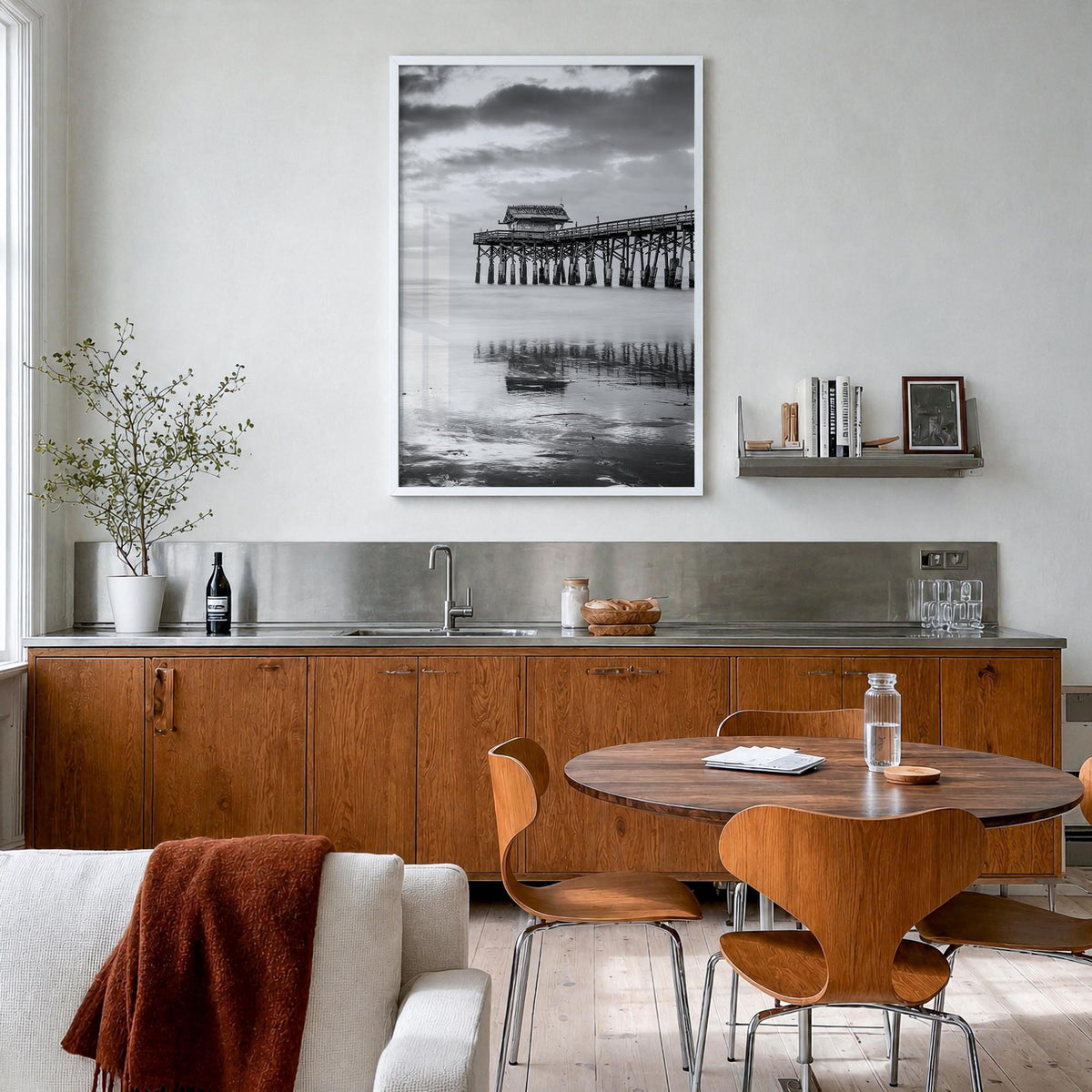 Cocoa Beach black & white photo poster of Florida, USA – vertical wall art in white wood frame, hanging on wall