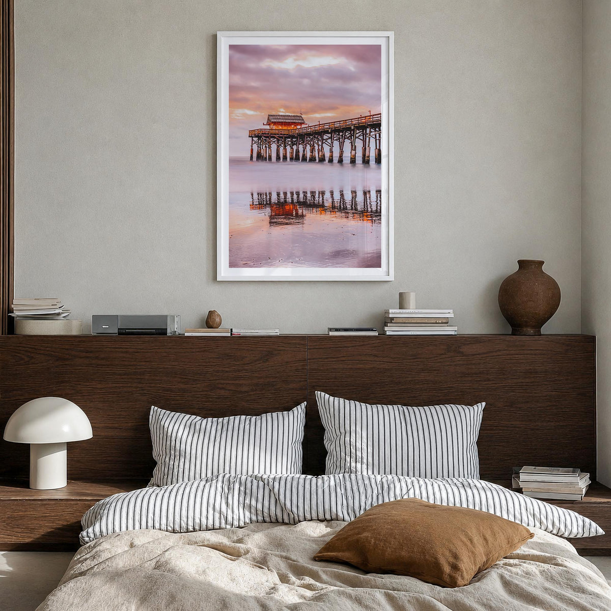 Cocoa Beach colorful photo poster of Florida, USA – vertical wall art in white wood frame with white border, hanging on wall
