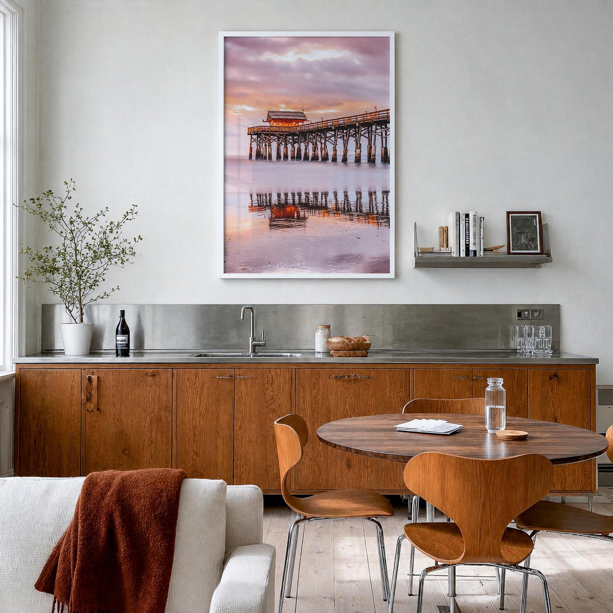 Cocoa Beach colorful photo poster of Florida, USA – vertical wall art in white wood frame, hanging on wall
