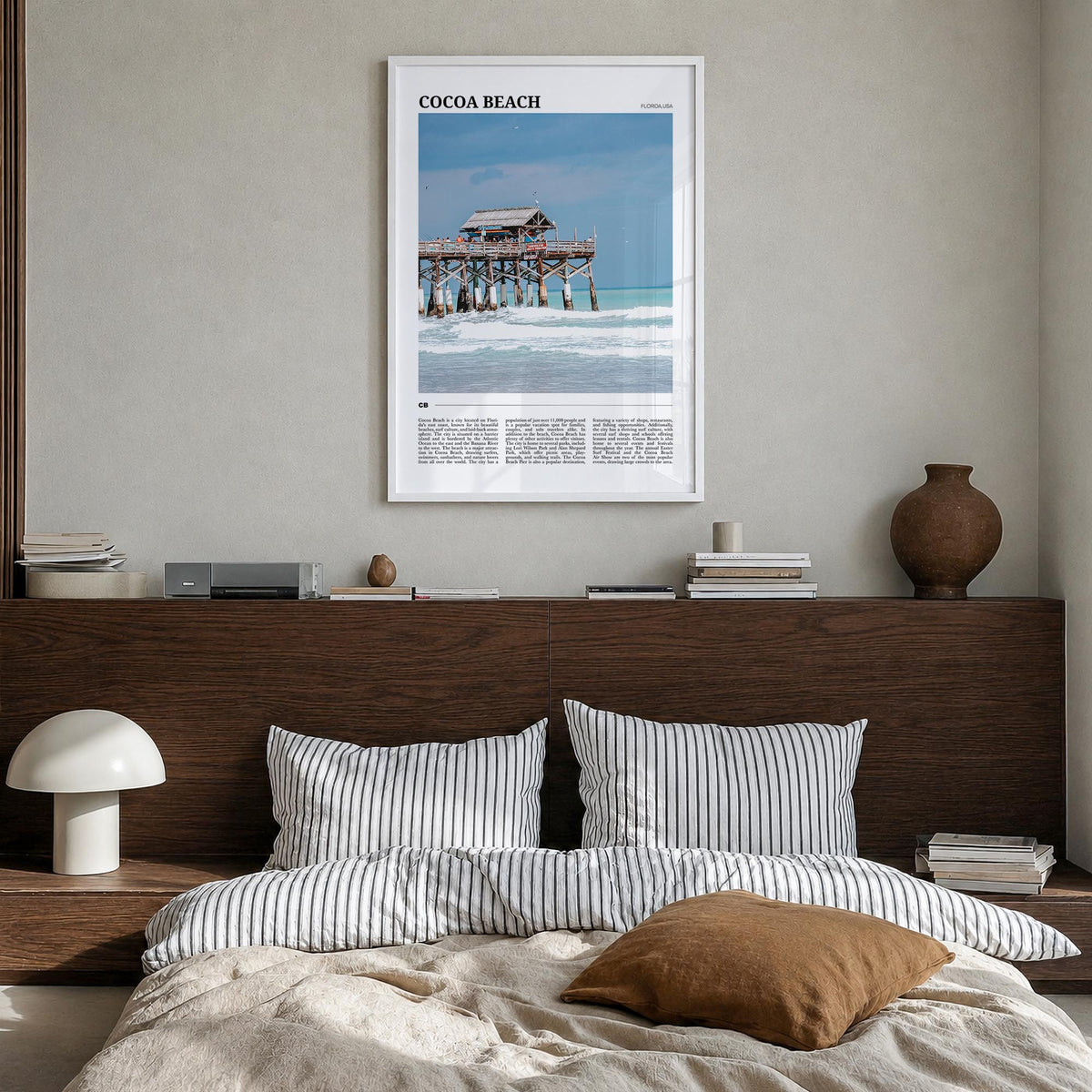 Cocoa Beach colorful travel poster of Florida, USA – vertical wall art in white wood frame, hanging on wall