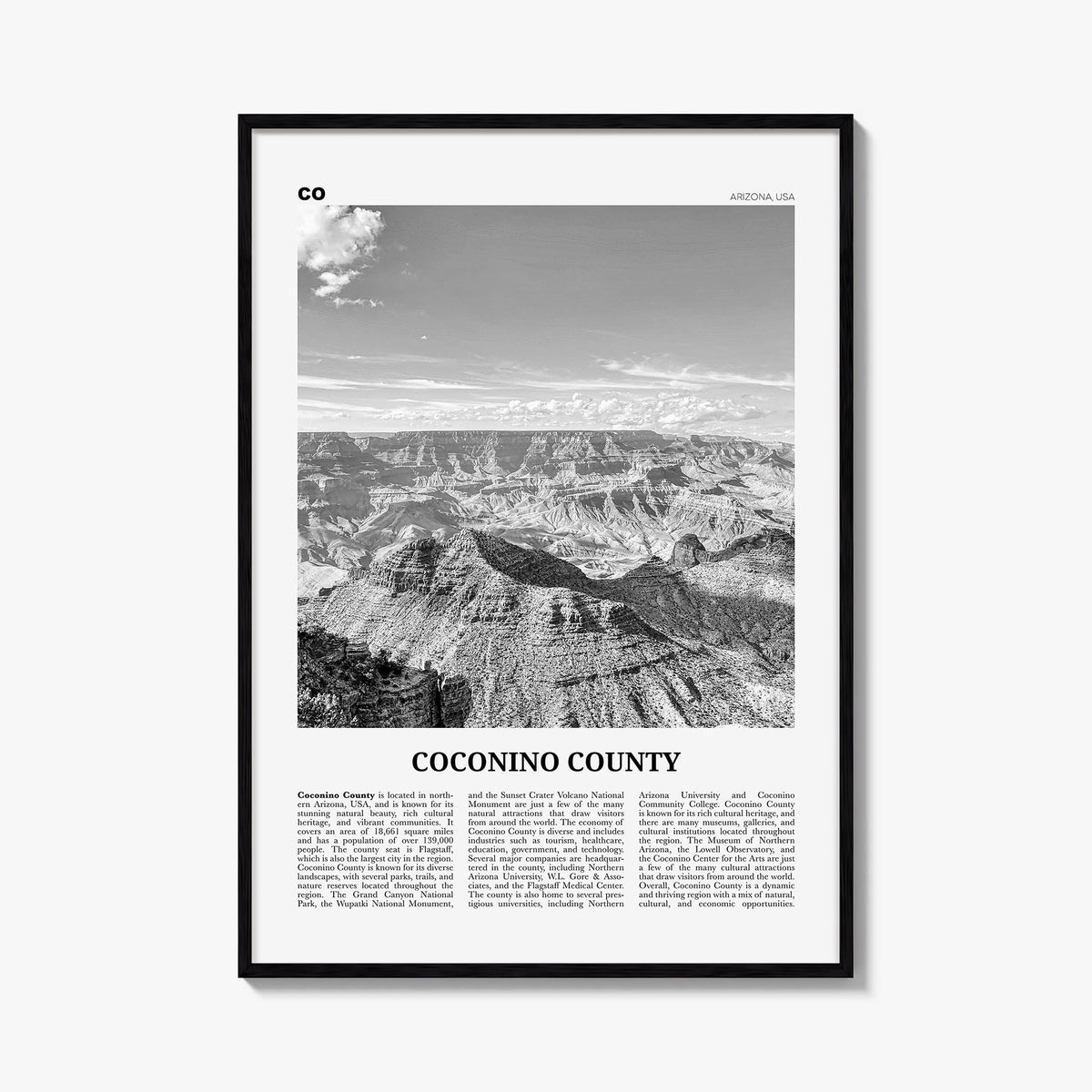 Coconino County black & white newspaper poster of Arizona, USA – vertical wall art, unframed print shown in interior mockup