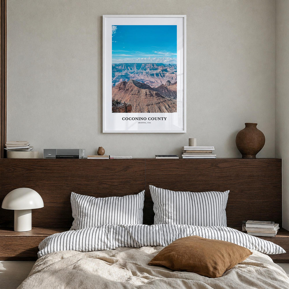 Coconino County colorful classic poster of Arizona, USA – vertical wall art in white wood frame, hanging on wall