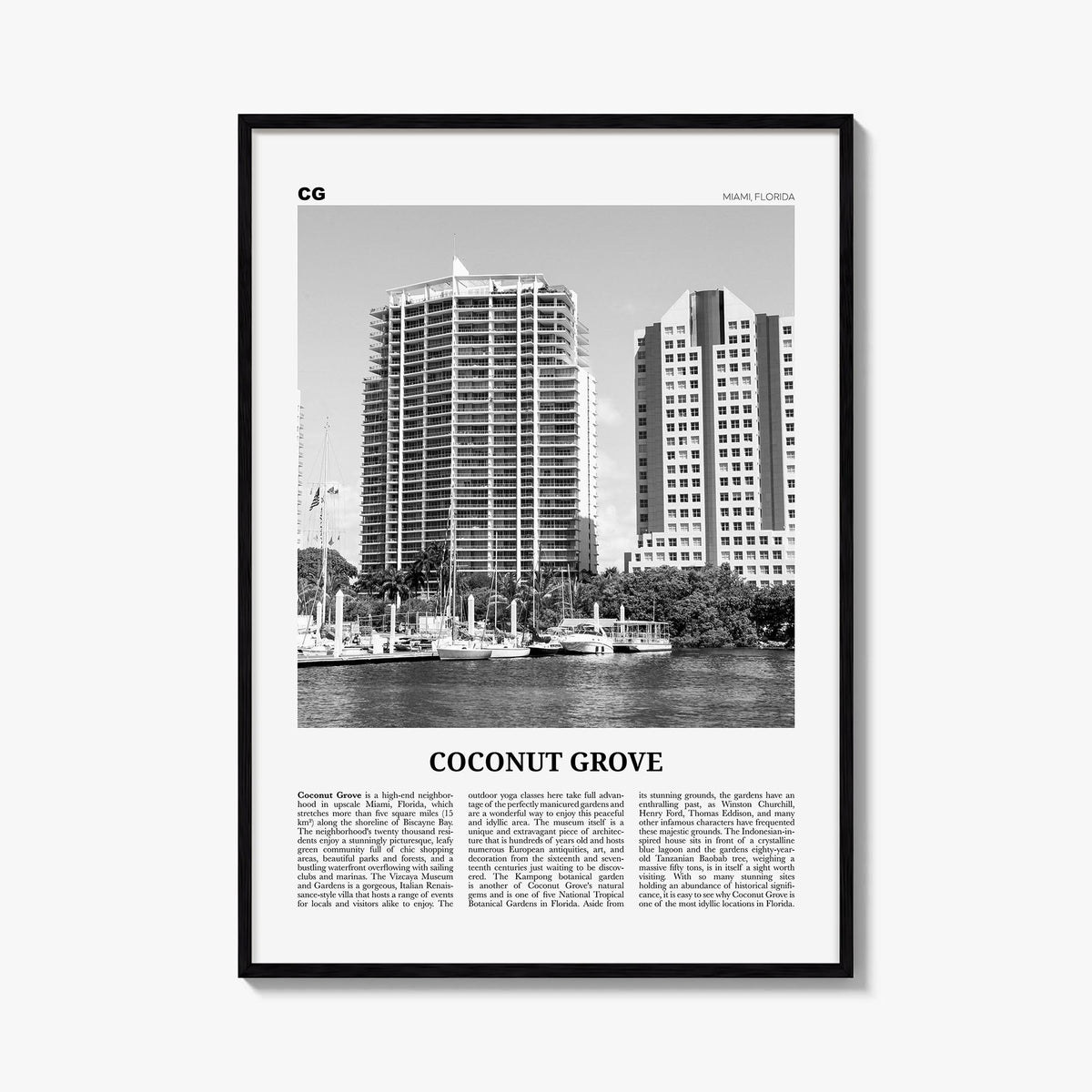 Coconut Grove black & white newspaper poster of Miami, Florida – vertical wall art, unframed print shown in interior mockup
