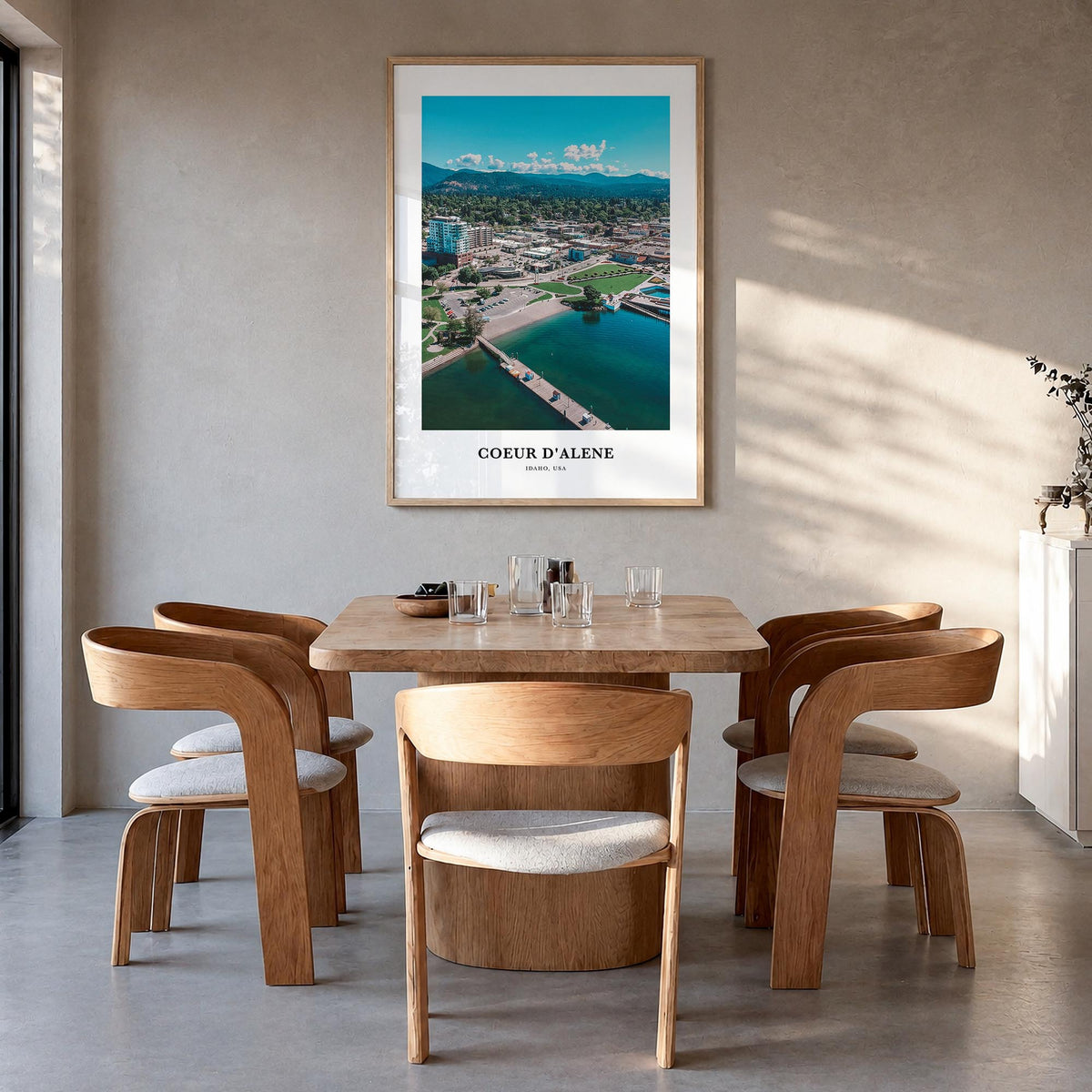 Coeur d'Alene colorful classic poster of Idaho, USA – vertical wall art in natural wood frame, hanging on wall
