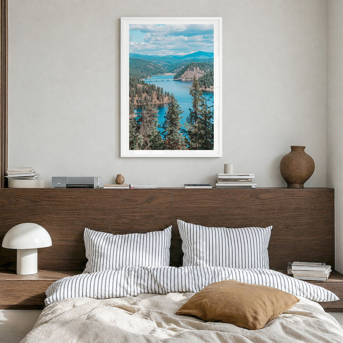 Coeur d'Alene Photo Poster in a white wood frame, hanging in a bedroom, white border