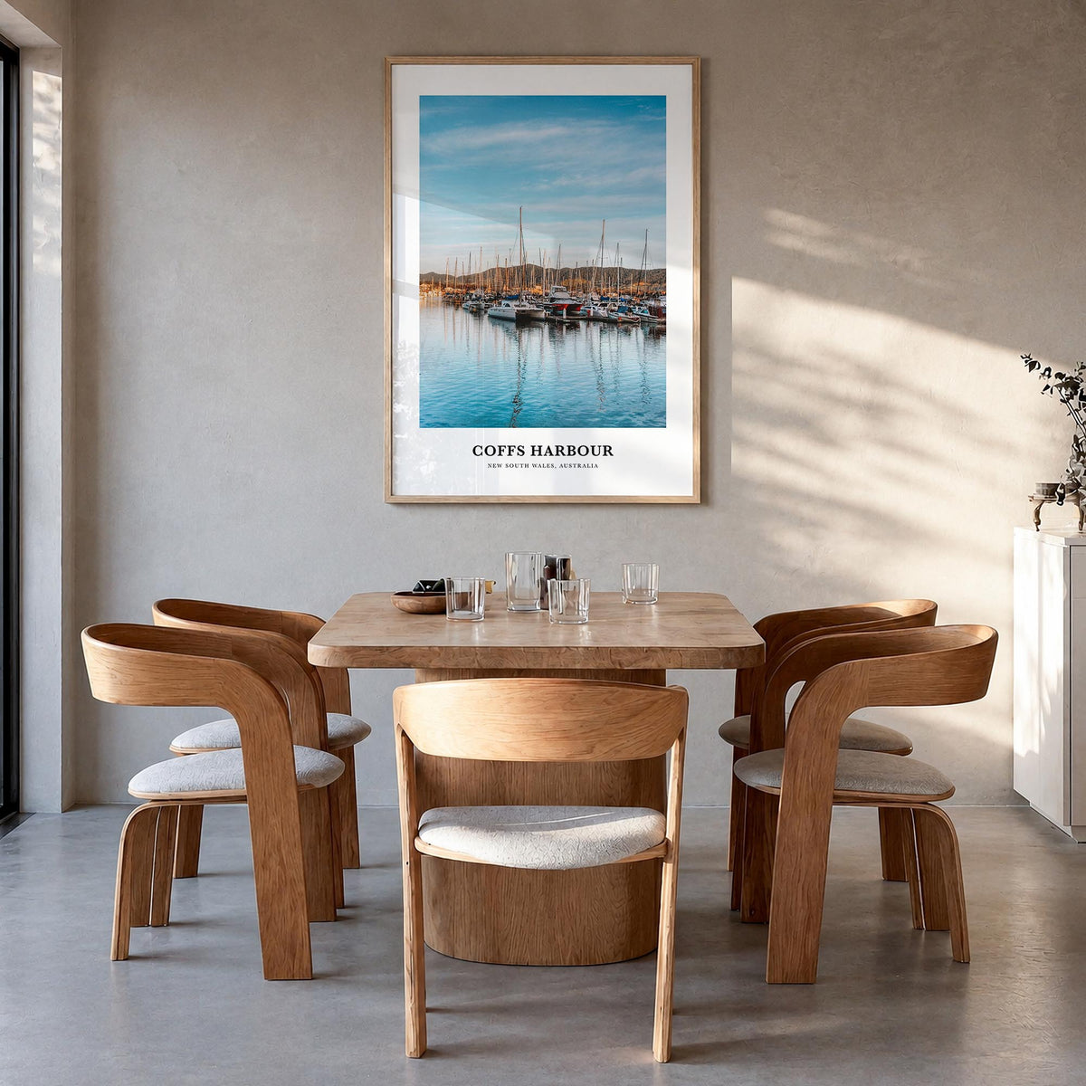 Coffs Harbour colorful classic poster of Australia – vertical wall art in natural wood frame, hanging on wall