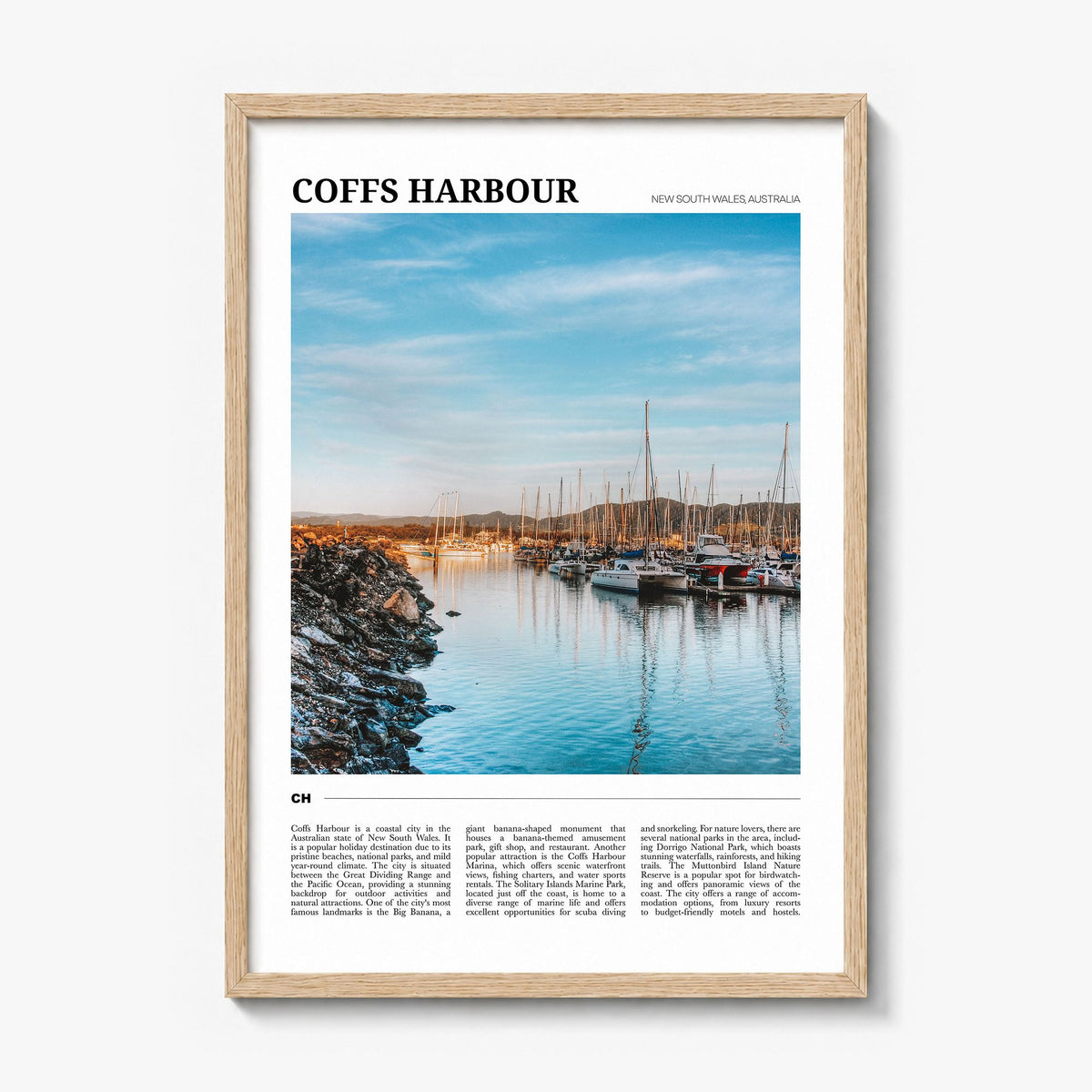Coffs Harbour Travel Poster in a natural wood frame
