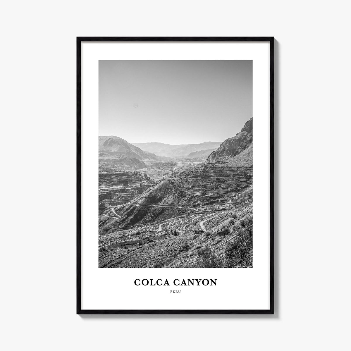 Colca Canyon black & white classic poster of Peru – vertical wall art, unframed print shown in interior mockup