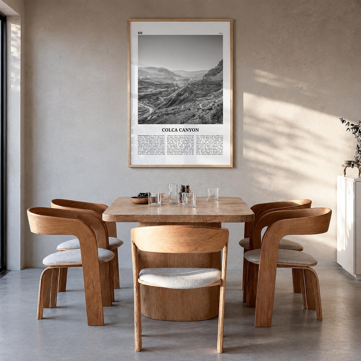 Colca Canyon black & white newspaper poster of Peru – vertical wall art in natural wood frame, hanging on wall