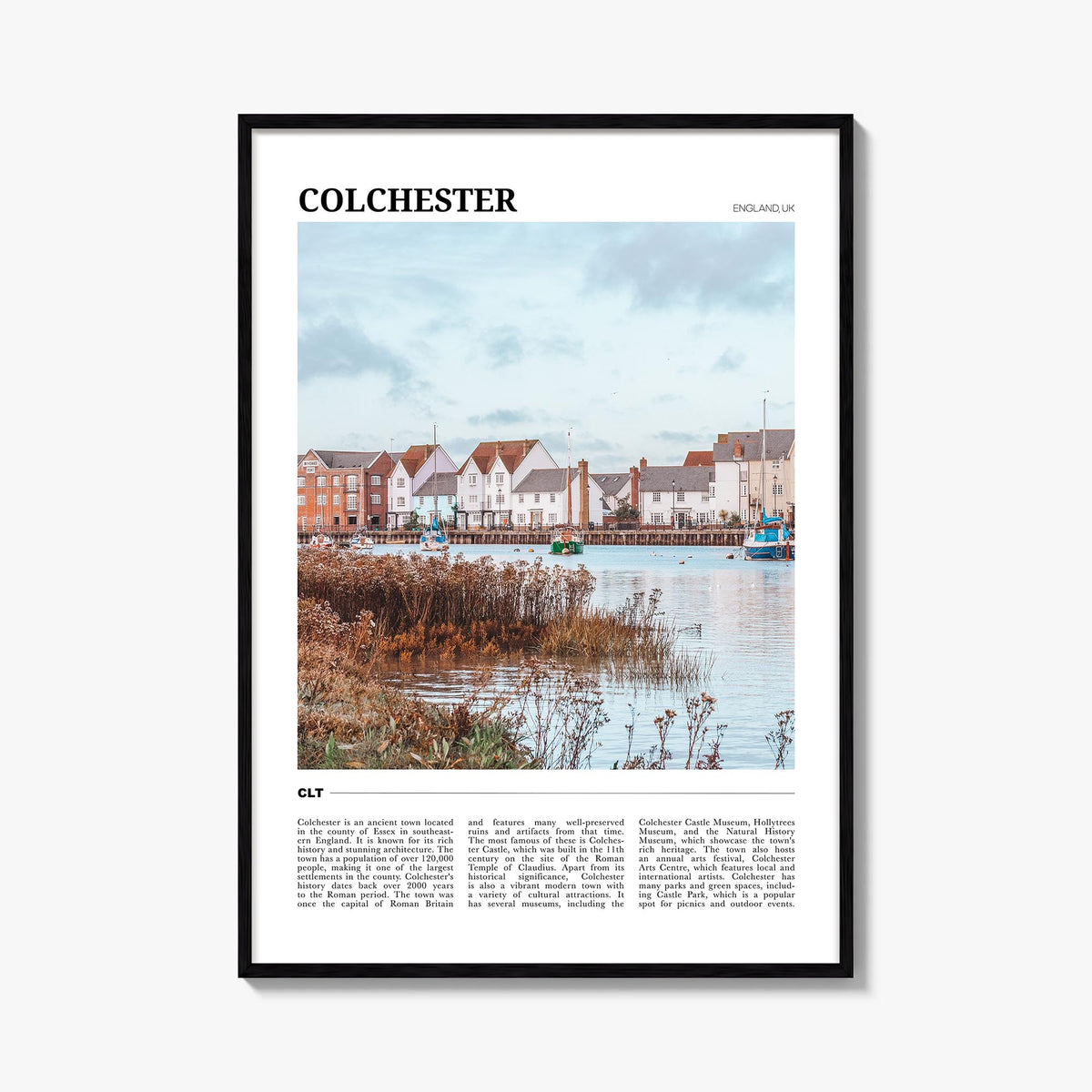 Colchester colorful travel poster of United Kingdom – vertical wall art, unframed print shown in interior mockup