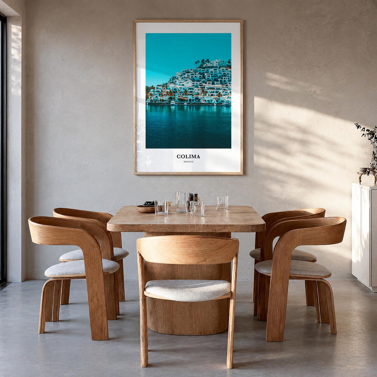 Colima colorful classic poster of Mexico – vertical wall art in natural wood frame, hanging on wall