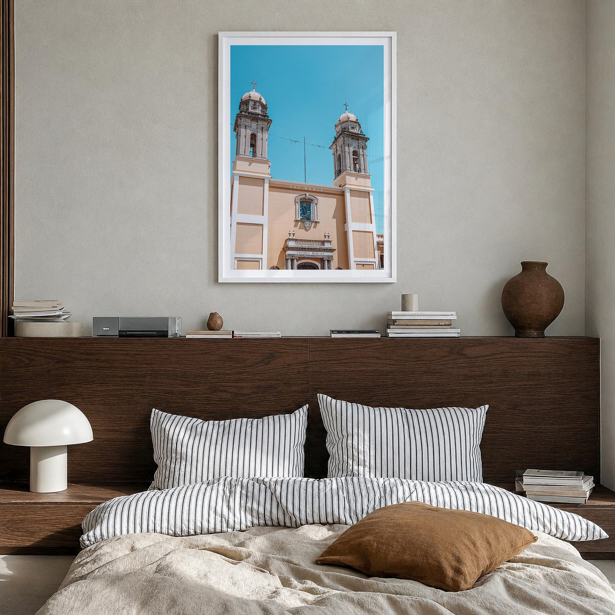 Colima colorful photo poster of Mexico – vertical wall art in white wood frame with white border, hanging on wall