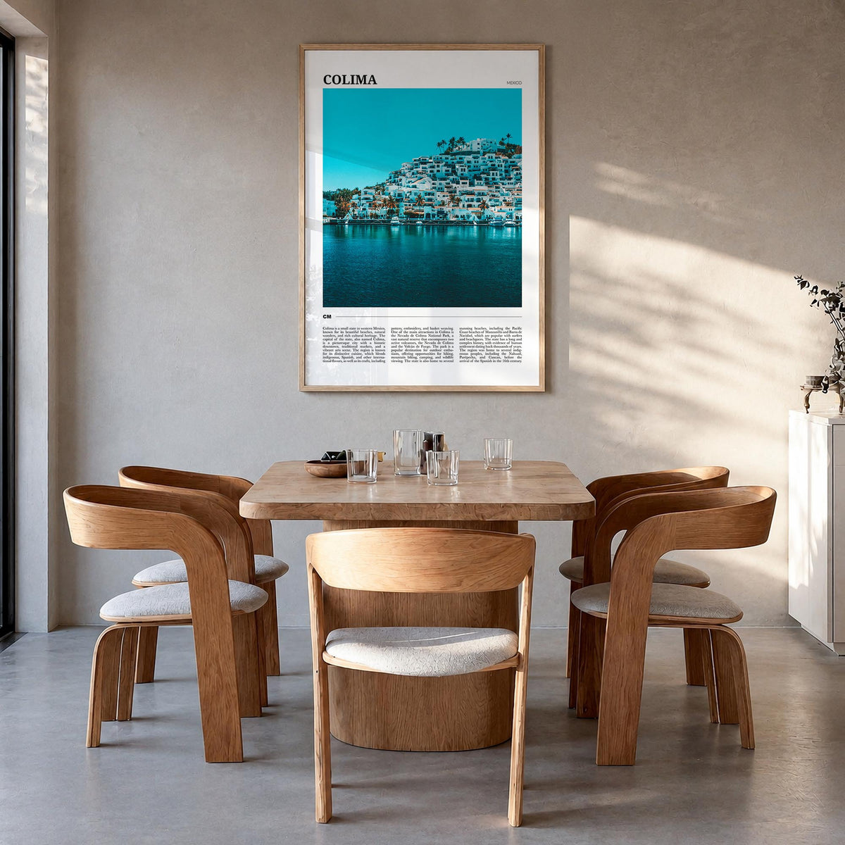 Colima colorful travel poster of Mexico – vertical wall art in natural wood frame, hanging on wall