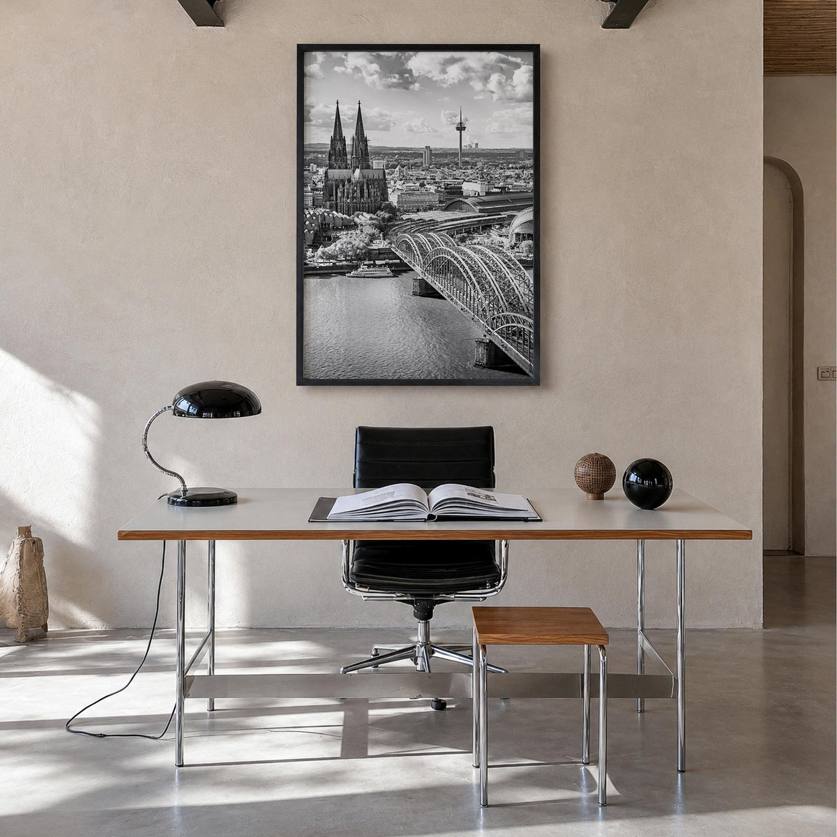 Cologne black & white photo poster of Germany – vertical wall art in black wood frame, hanging on wall