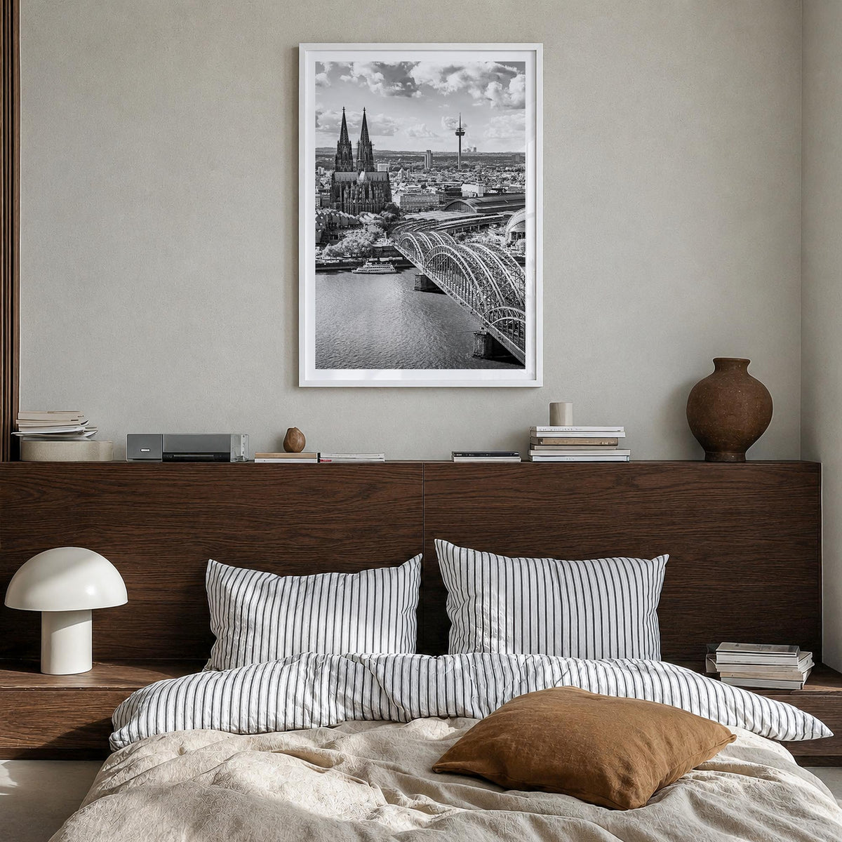 Cologne black & white photo poster of Germany – vertical wall art in white wood frame with white border, hanging on wall