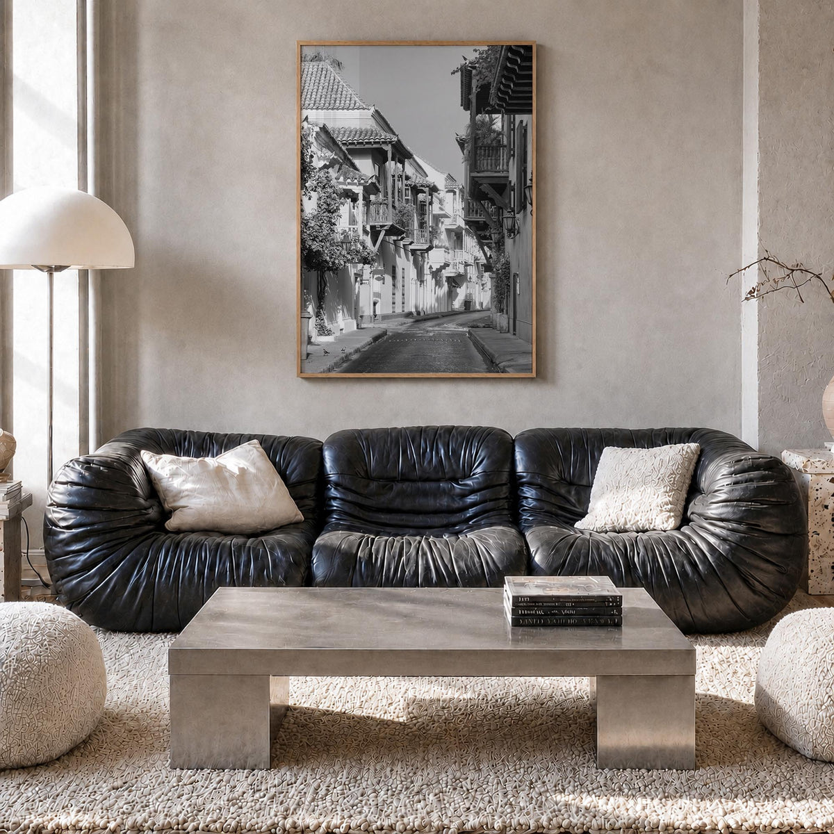 Colombia black & white photo poster of South America – vertical wall art in natural wood frame, hanging on wall