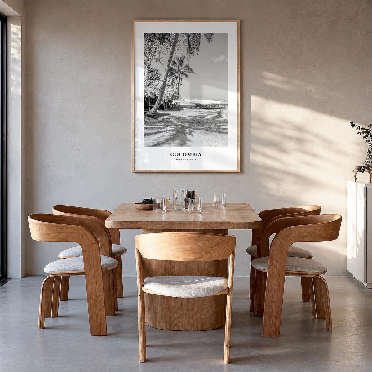 Colombia no. 1 black & white classic poster of South America – vertical wall art in natural wood frame, hanging on wall