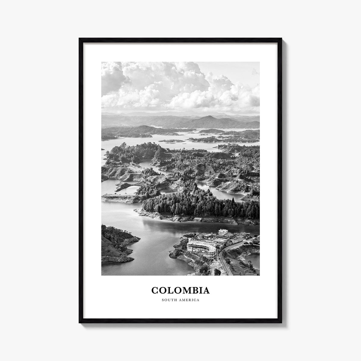 Colombia no. 2 black & white classic poster of South America – vertical wall art, unframed print shown in interior mockup