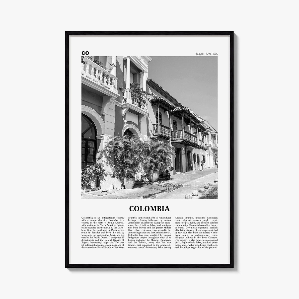Colombia no. 2 black & white newspaper poster of South America – vertical wall art, unframed print shown in interior mockup