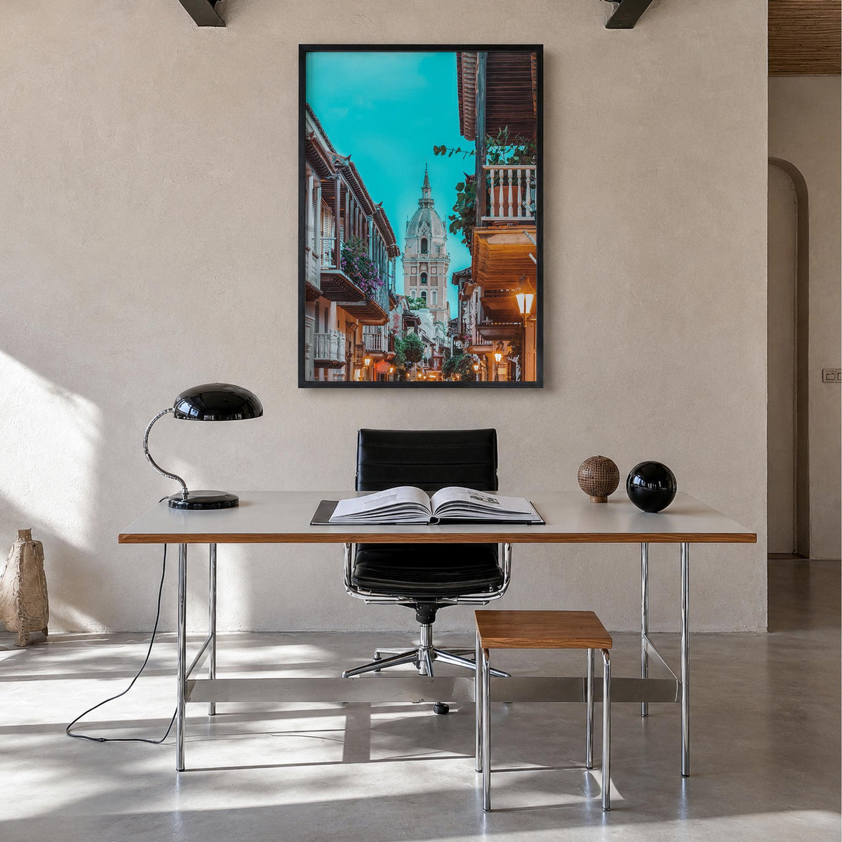 Colombia no. 2 colorful photo poster of South America – vertical wall art in black wood frame, hanging on wall