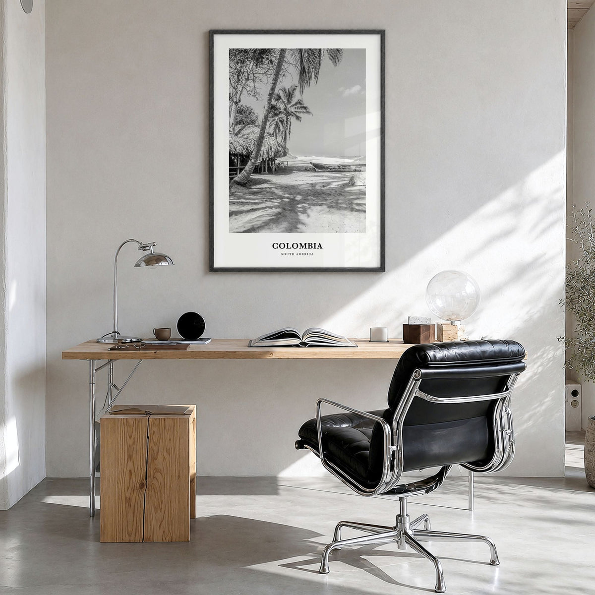 Colombia Classic No 1 Poster in a black wood frame, hanging in a bright home office