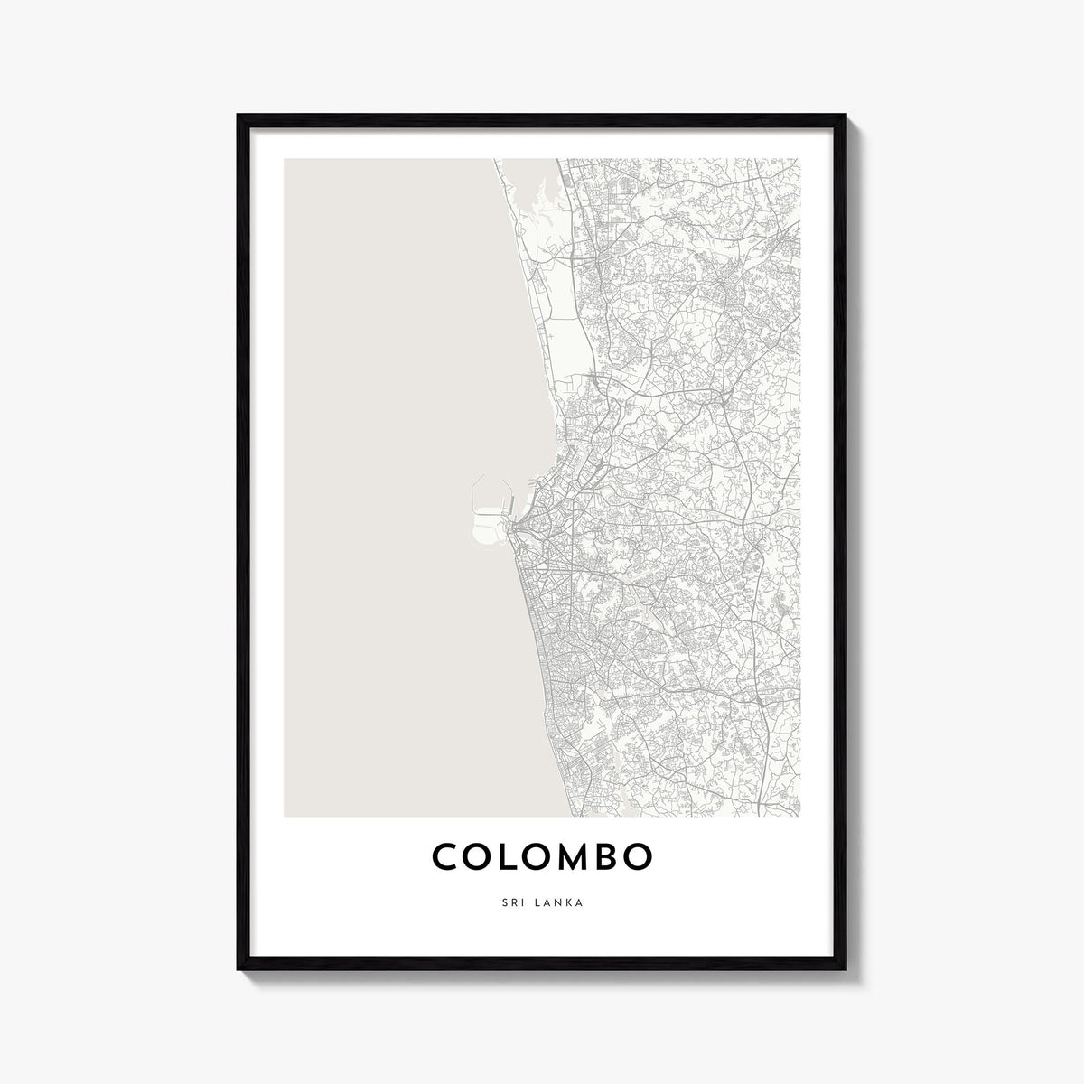 Colombo black & white map poster of Sri Lanka – vertical wall art, unframed print shown in interior mockup