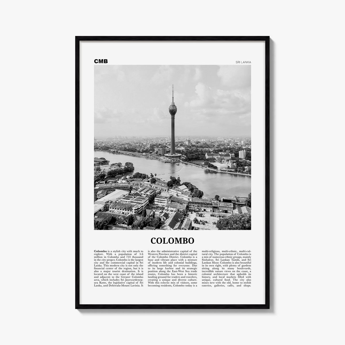 Colombo black & white newspaper poster of Sri Lanka – vertical wall art, unframed print shown in interior mockup