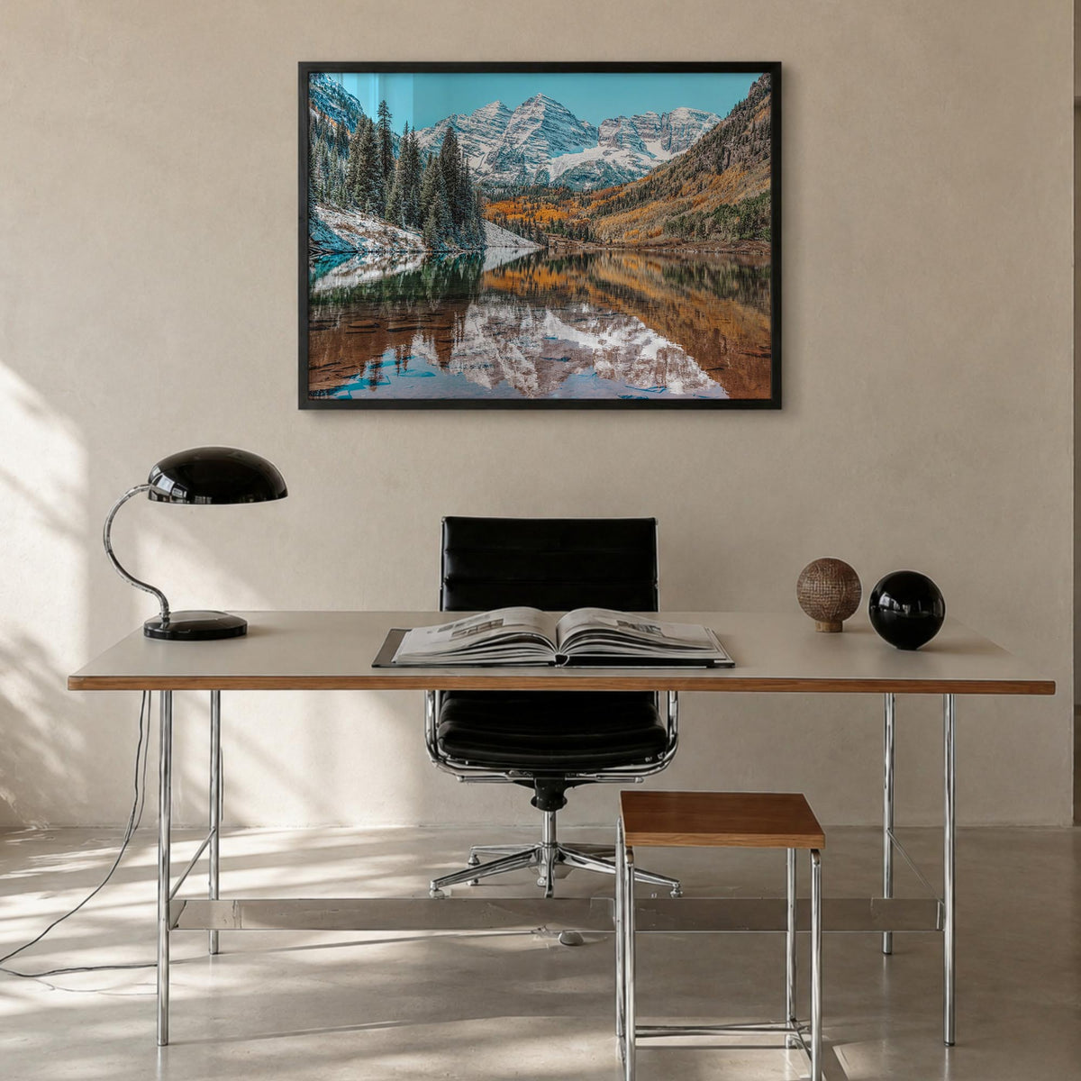 Colorado colorful photo poster of United States – horizontal wall art in black wood frame, hanging on wall