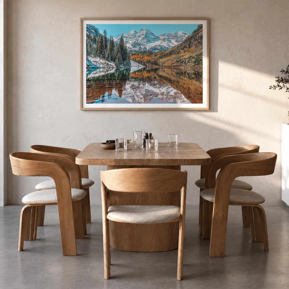 Colorado colorful photo poster of United States – horizontal wall art in natural wood frame with white border, hanging on wal