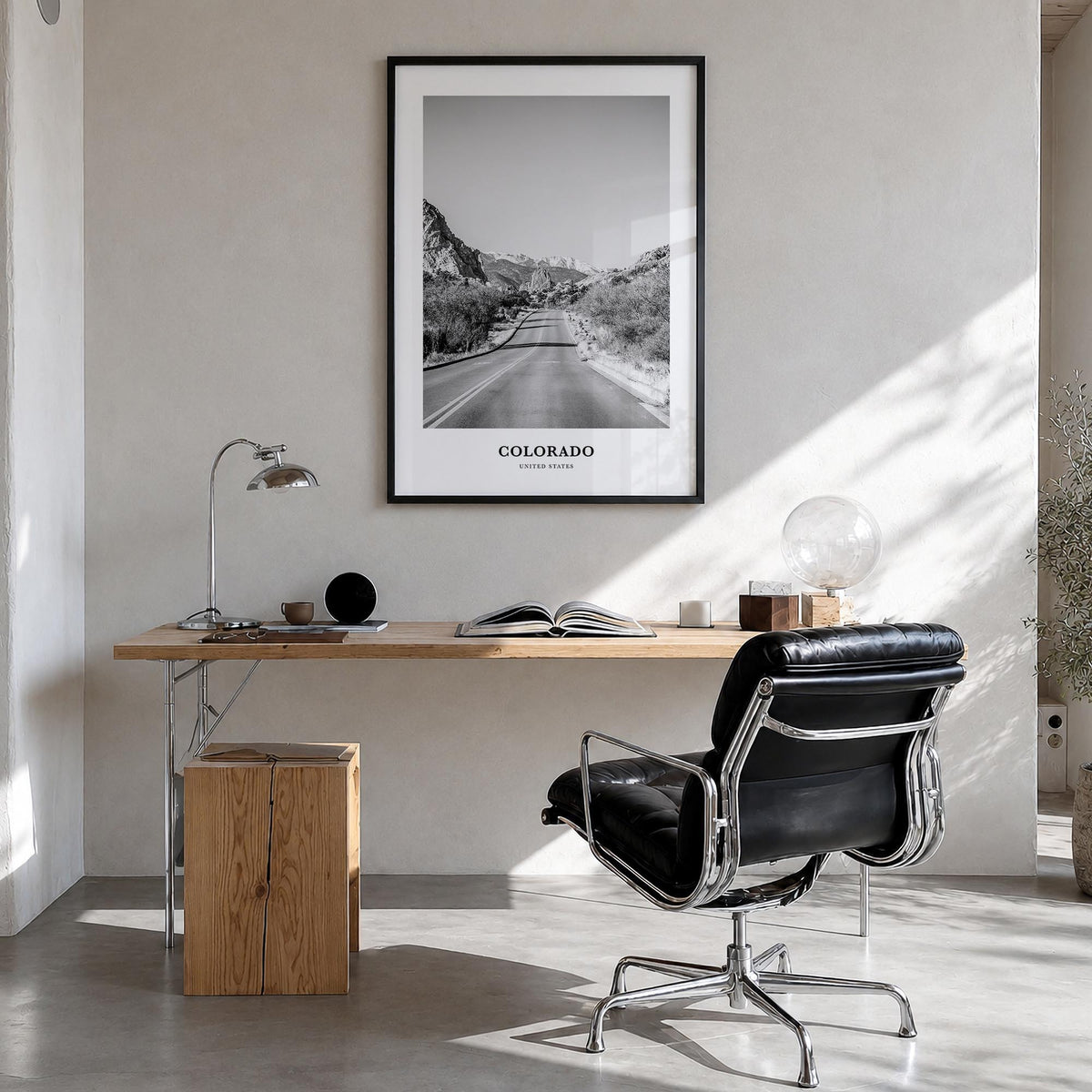 Colorado no. 2 black & white classic poster of United States – vertical wall art in black wood frame, hanging on wall
