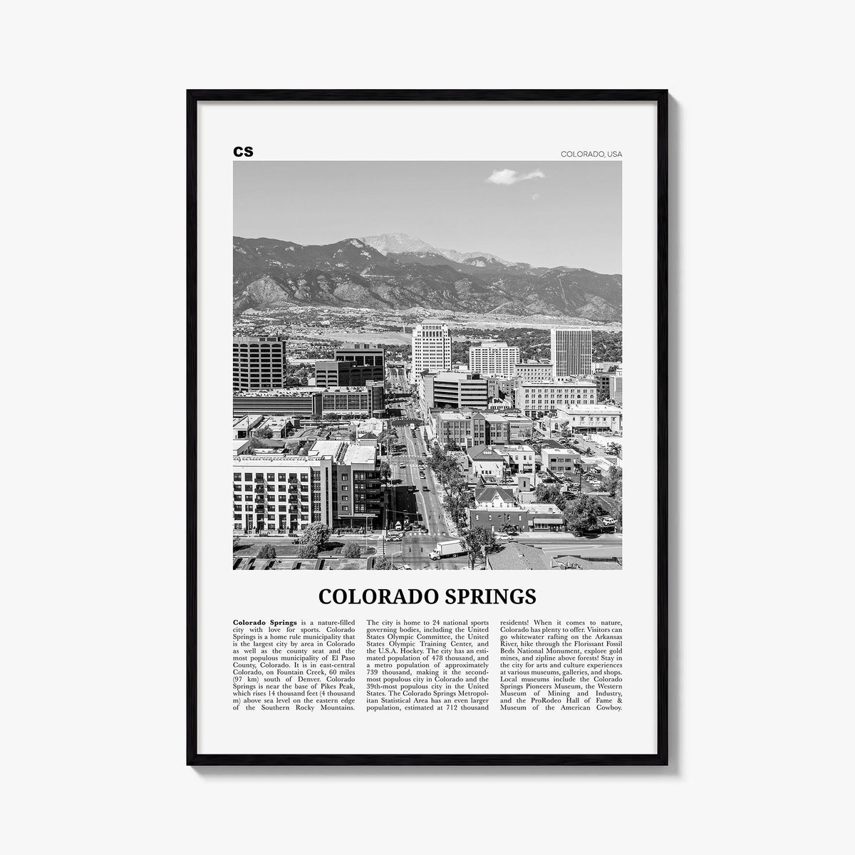 Colorado Springs black & white newspaper poster of Colorado, USA – vertical wall art, unframed print shown in interior mockup