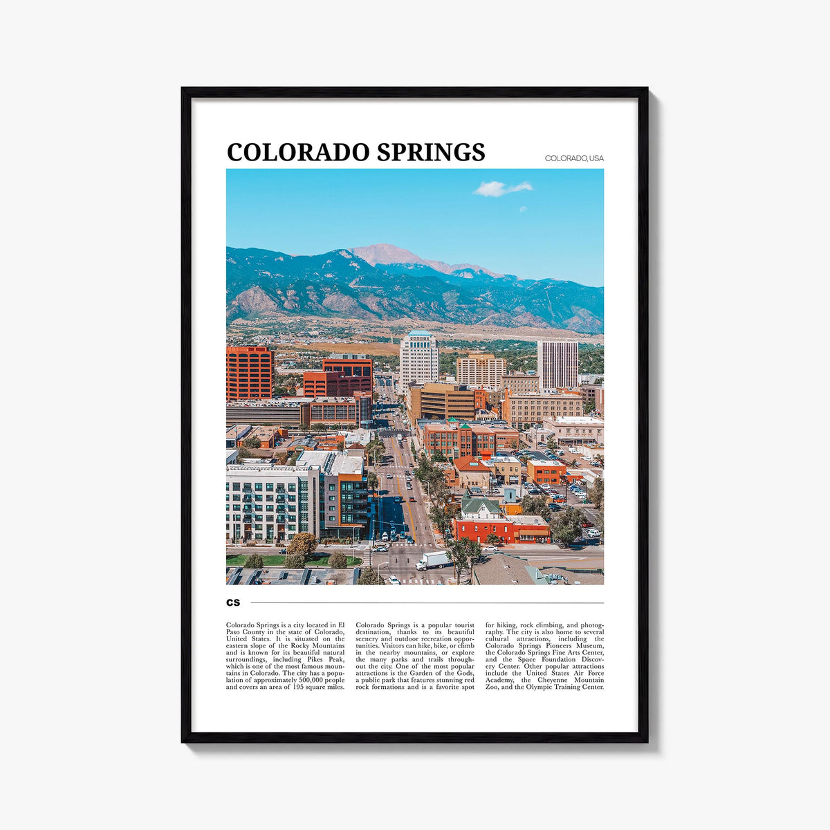 Colorado Springs colorful travel poster of Colorado, USA – vertical wall art, unframed print shown in interior mockup