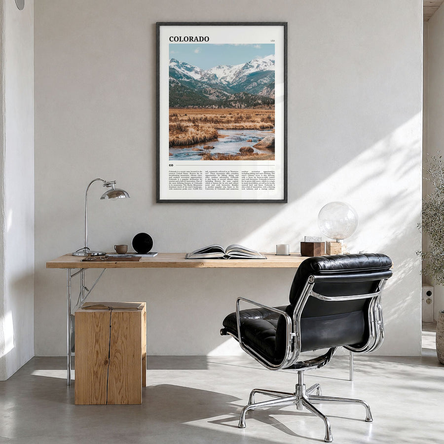 Colorado Travel No 1 Poster in a black wood frame, hanging in a bright home office