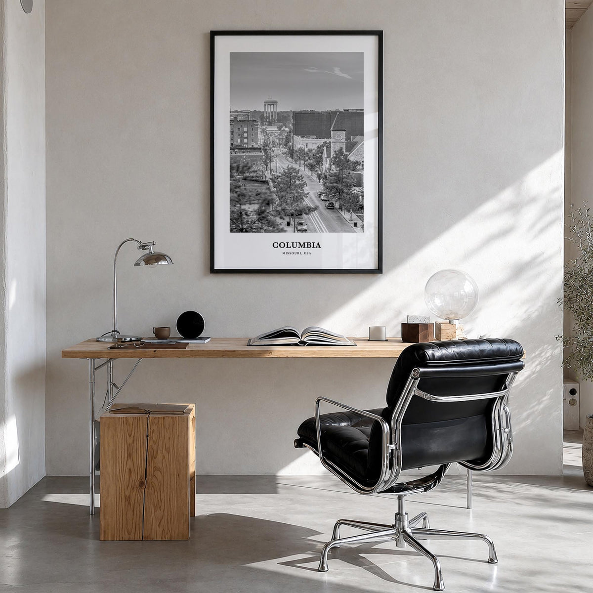 Columbia, Missouri black & white classic poster of Missouri, USA – vertical wall art in black wood frame, hanging on wall