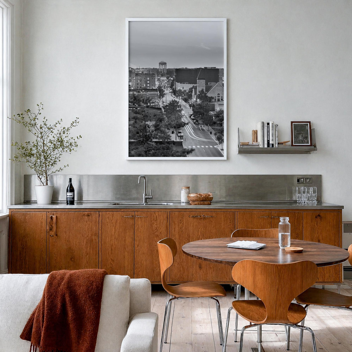 Columbia, Missouri black & white photo poster of Missouri, USA – vertical wall art in white wood frame, hanging on wall