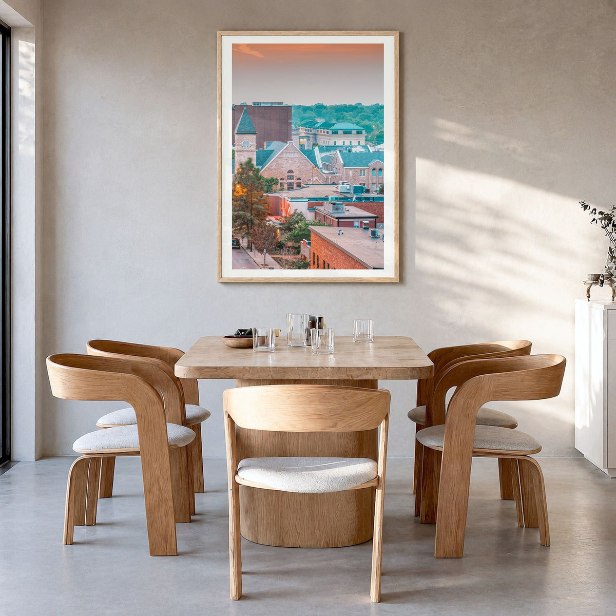 Columbia, Missouri Photo Poster in a natural wood frame, hanging in a dining room, white border