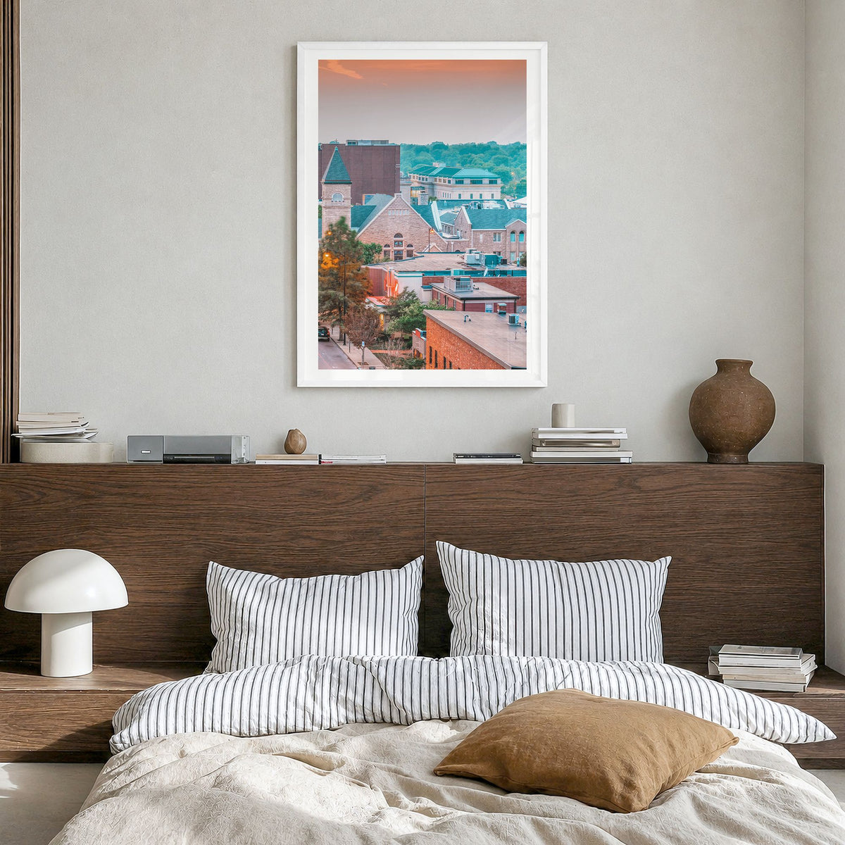 Columbia, Missouri Photo Poster in a white wood frame, hanging in a bedroom, white border