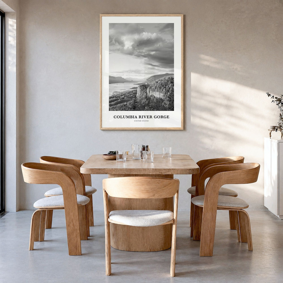 Columbia River Gorge Classic Poster in a natural wood frame, hanging in a dining room